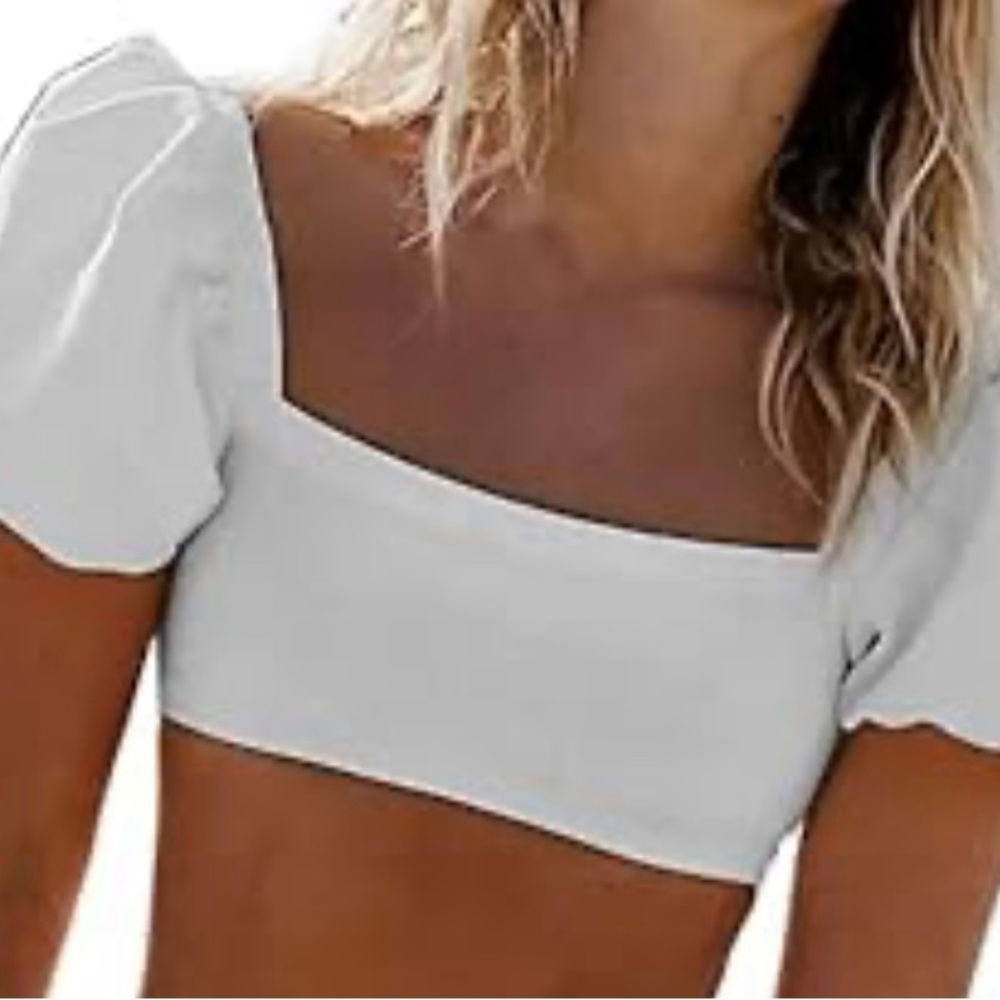 White Square Neck Bikini Top with Puff Short Sleeves